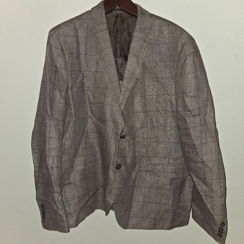Lauren Ralph Lauren 100% Linen Sport Coat Blazer 48R Gray Windowpane Check